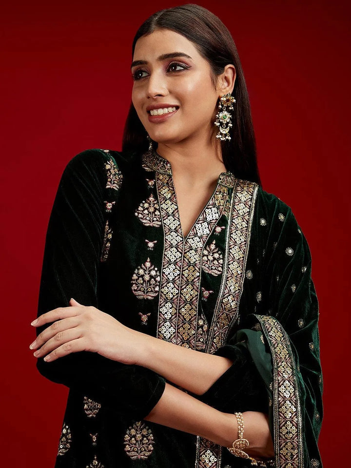 Libas Art Green Embroidered Velvet Straight Kurta With Trousers & Dupatta - Libas