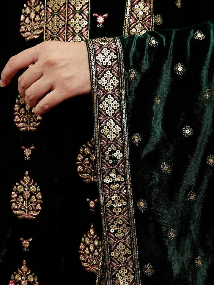 Libas Art Green Embroidered Velvet Straight Kurta With Trousers & Dupatta - Libas
