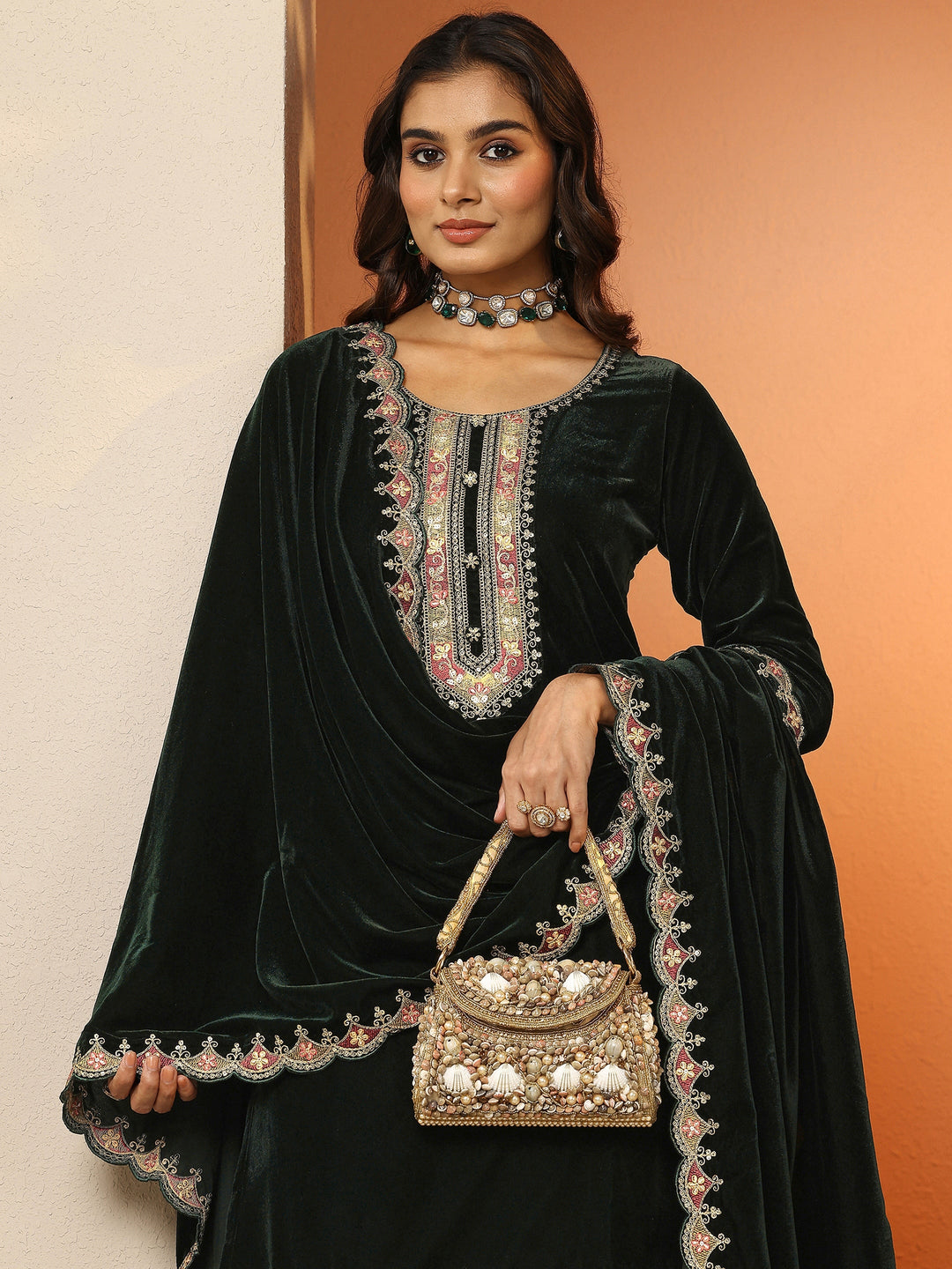  Libas Art Green Embroidered Velvet Straight Suit Set With Dupatta 