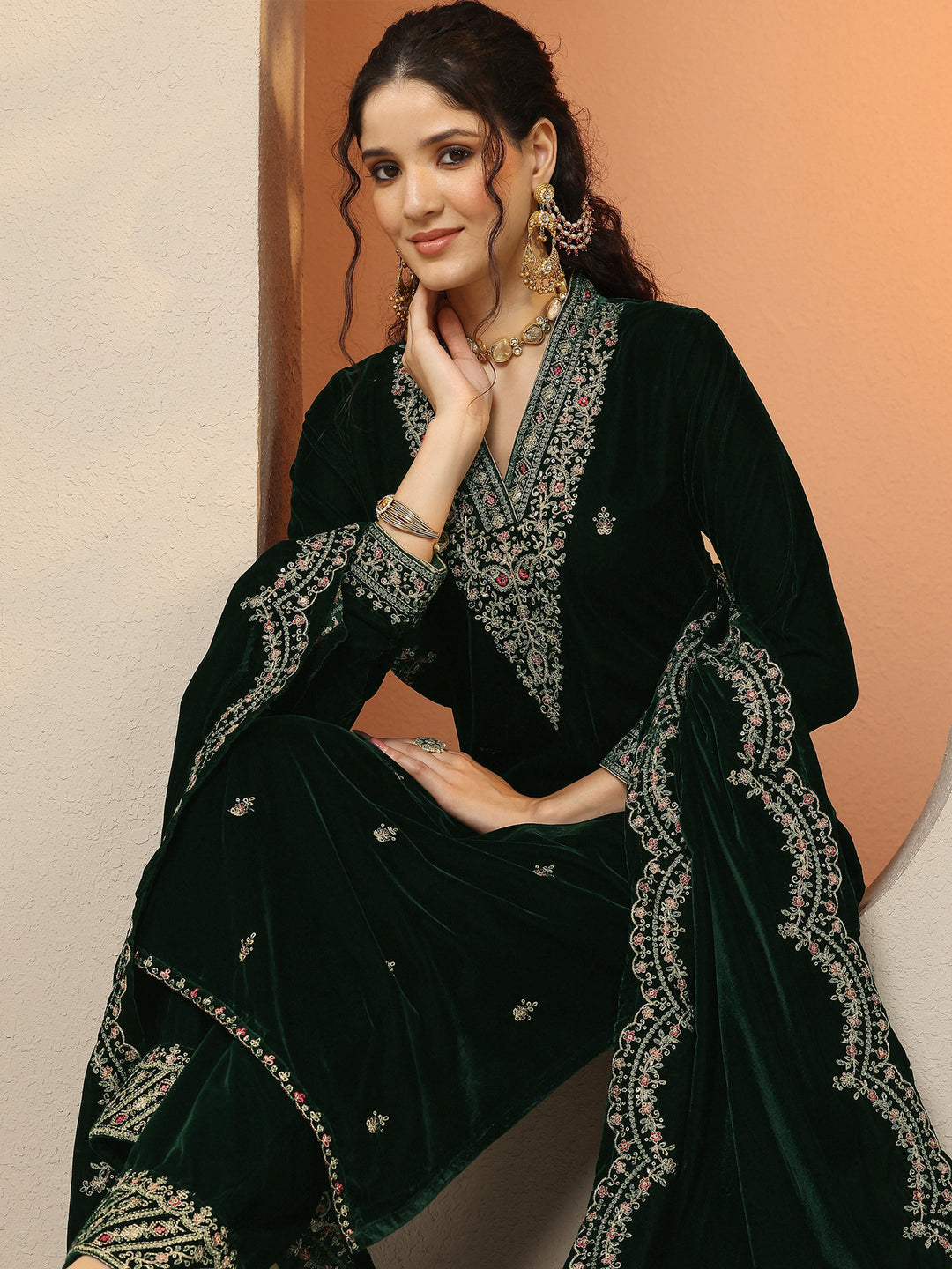  Libas Art Green Embroidered Velvet Straight Suit Set With Dupatta 