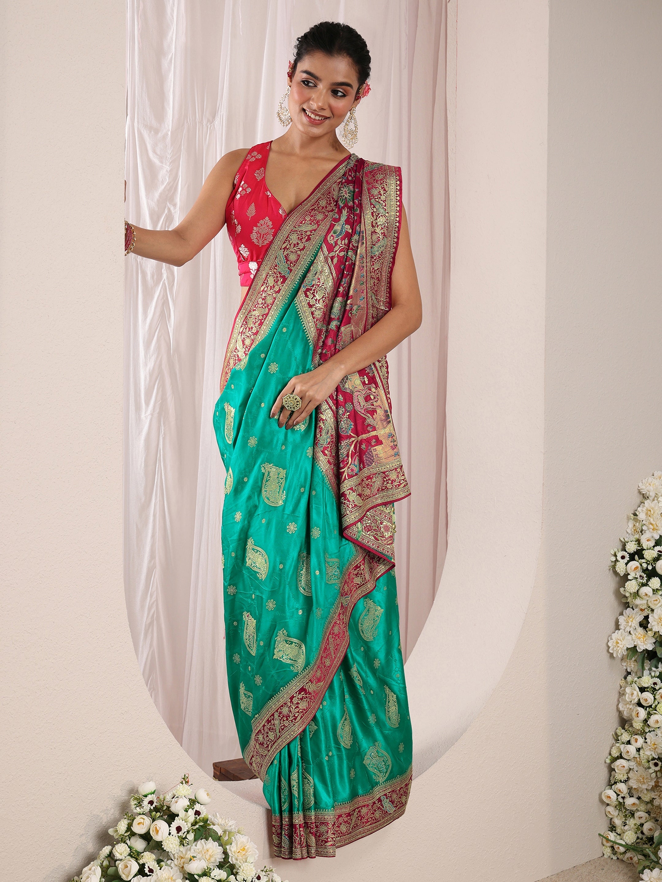 Libas Art Green Ethnic Woven Design Satin Saree With Unstitched Blouse Piece-picture-42