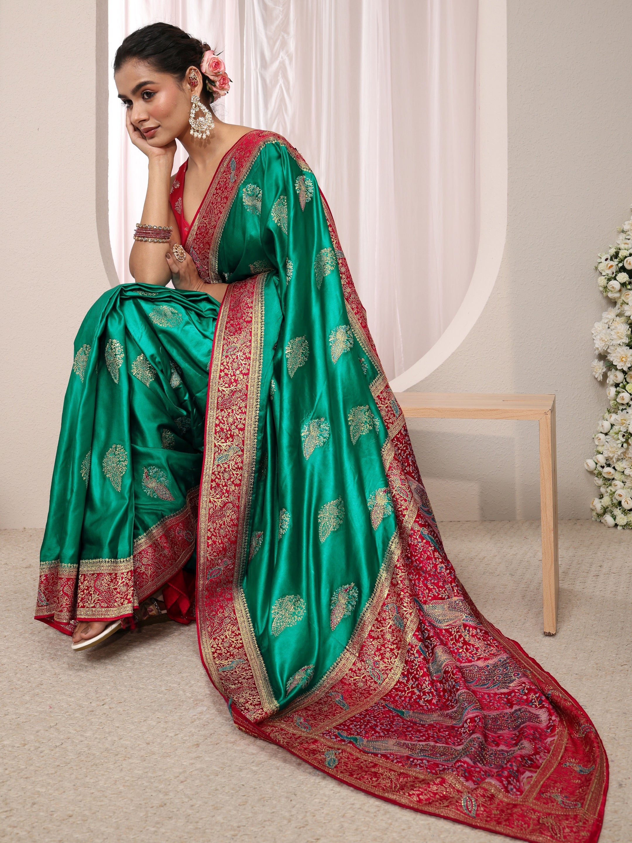 Libas Art Green Ethnic Woven Design Satin Saree With Unstitched Blouse Piece-picture-14