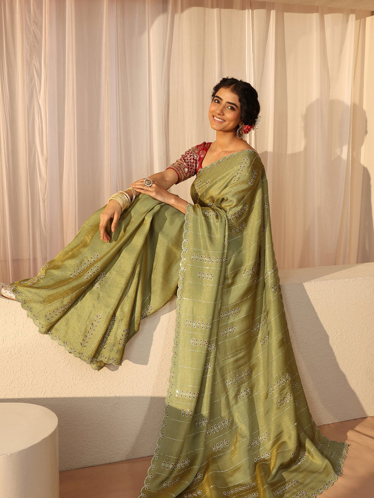 Libas Art Green Floral Embellished Satin Saree