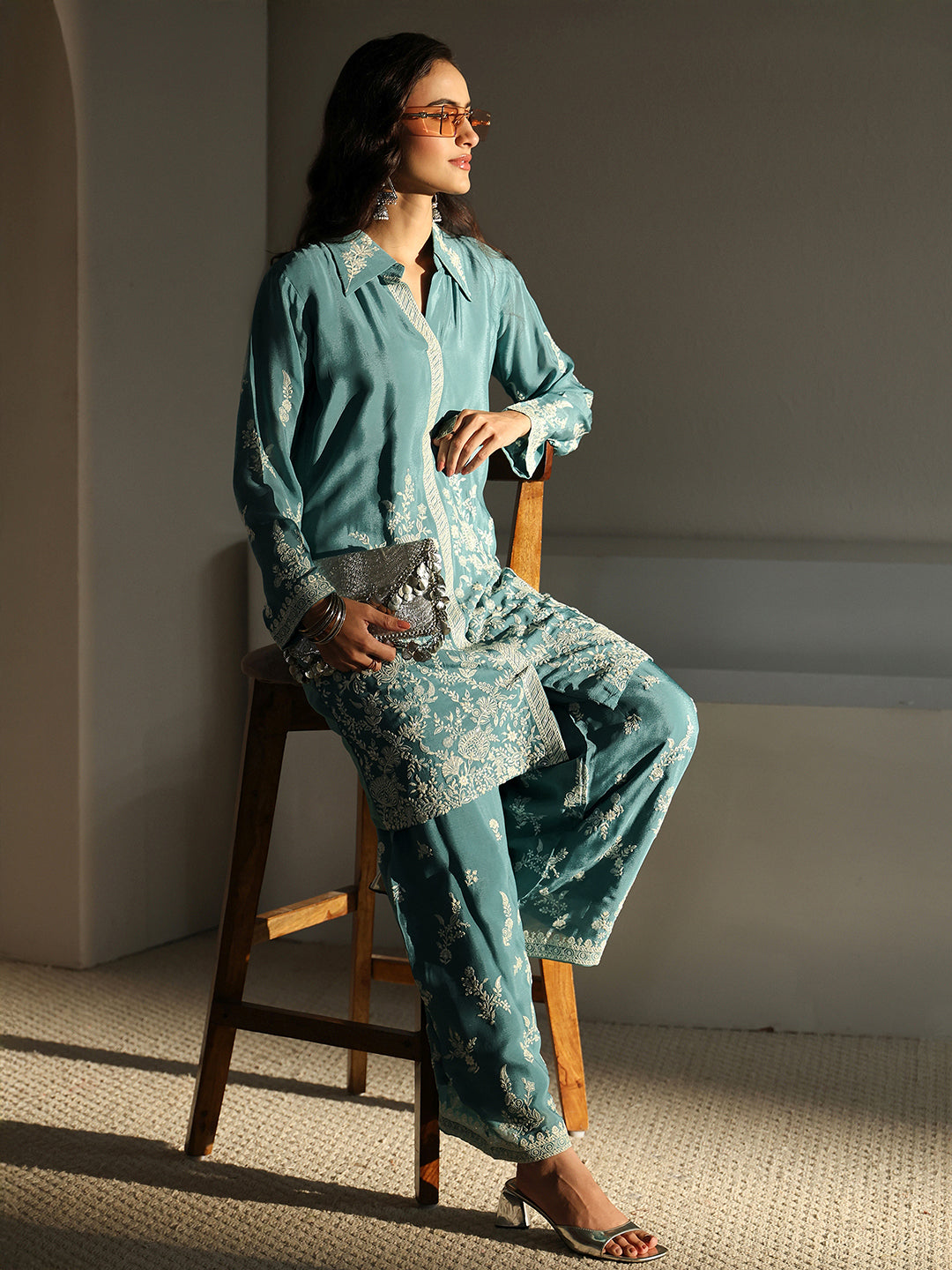 Libas Art Green Floral Embroidered Chinon Co-Ord Set-picture-67