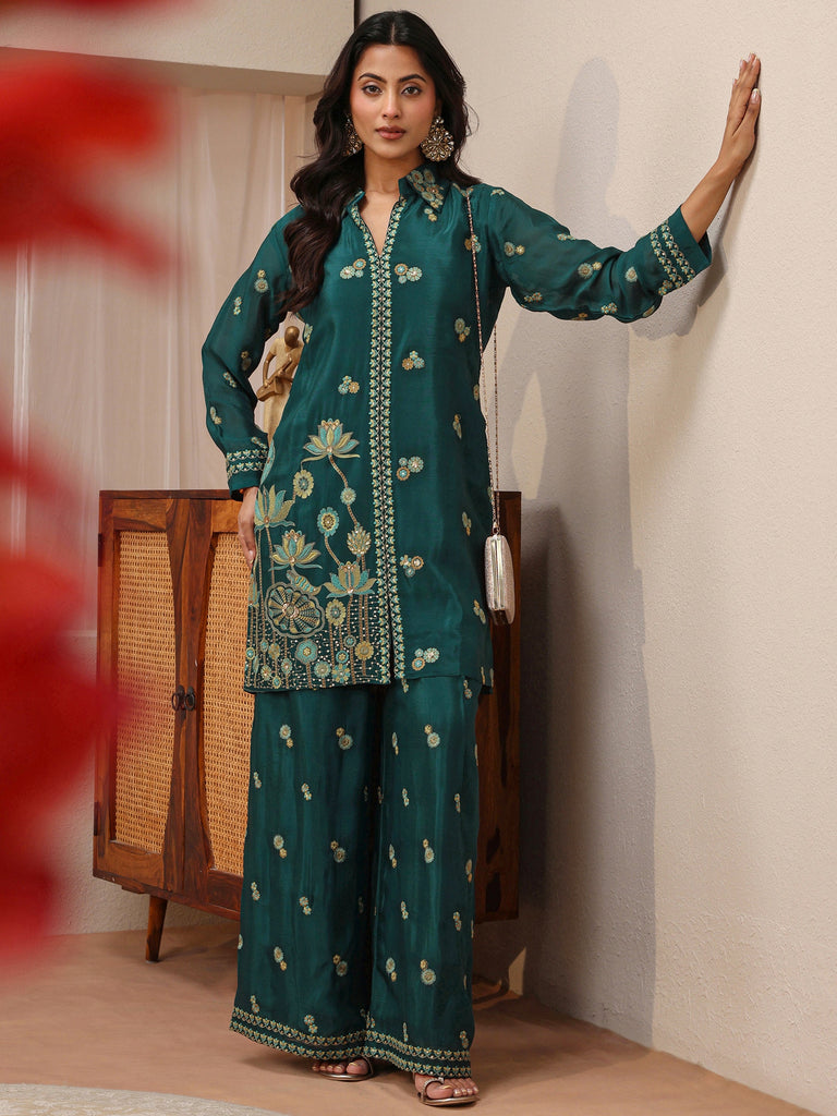 Libas Art Green Floral Embroidered Chinon Co-Ord Set