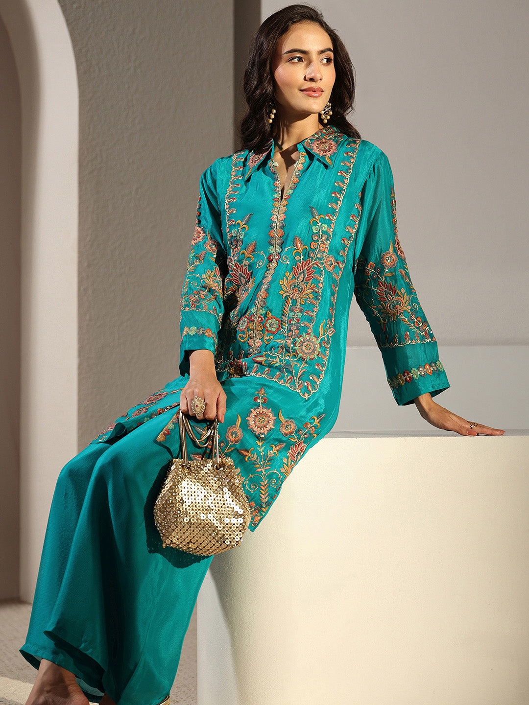 Libas Art Green Floral Embroidered Chinon Co-Ord Set-picture-40