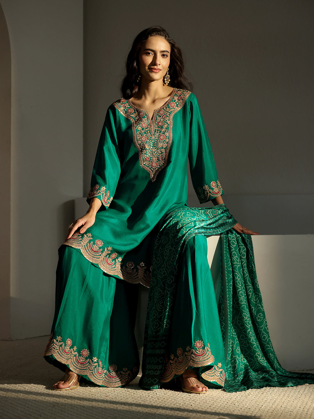 Libas Art Green Floral Embroidered Crepe Sharara Suit Set With Dupatta-image-39