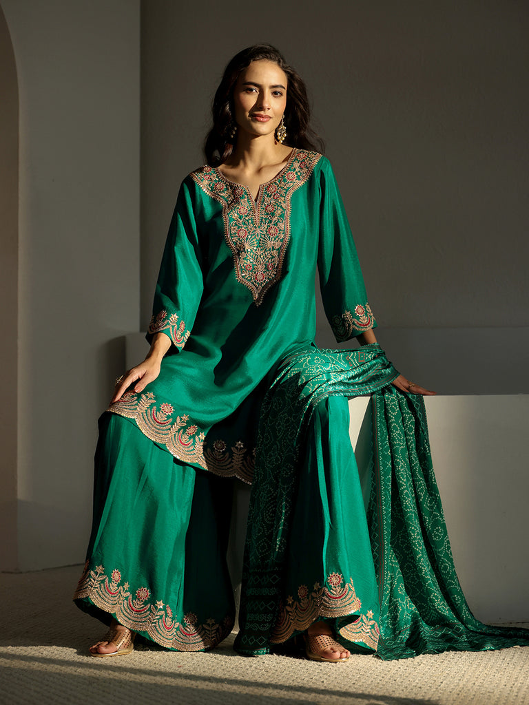 Libas Art Nandini Green Floral Embroidered Crepe Sharara Suit Set With Dupatta