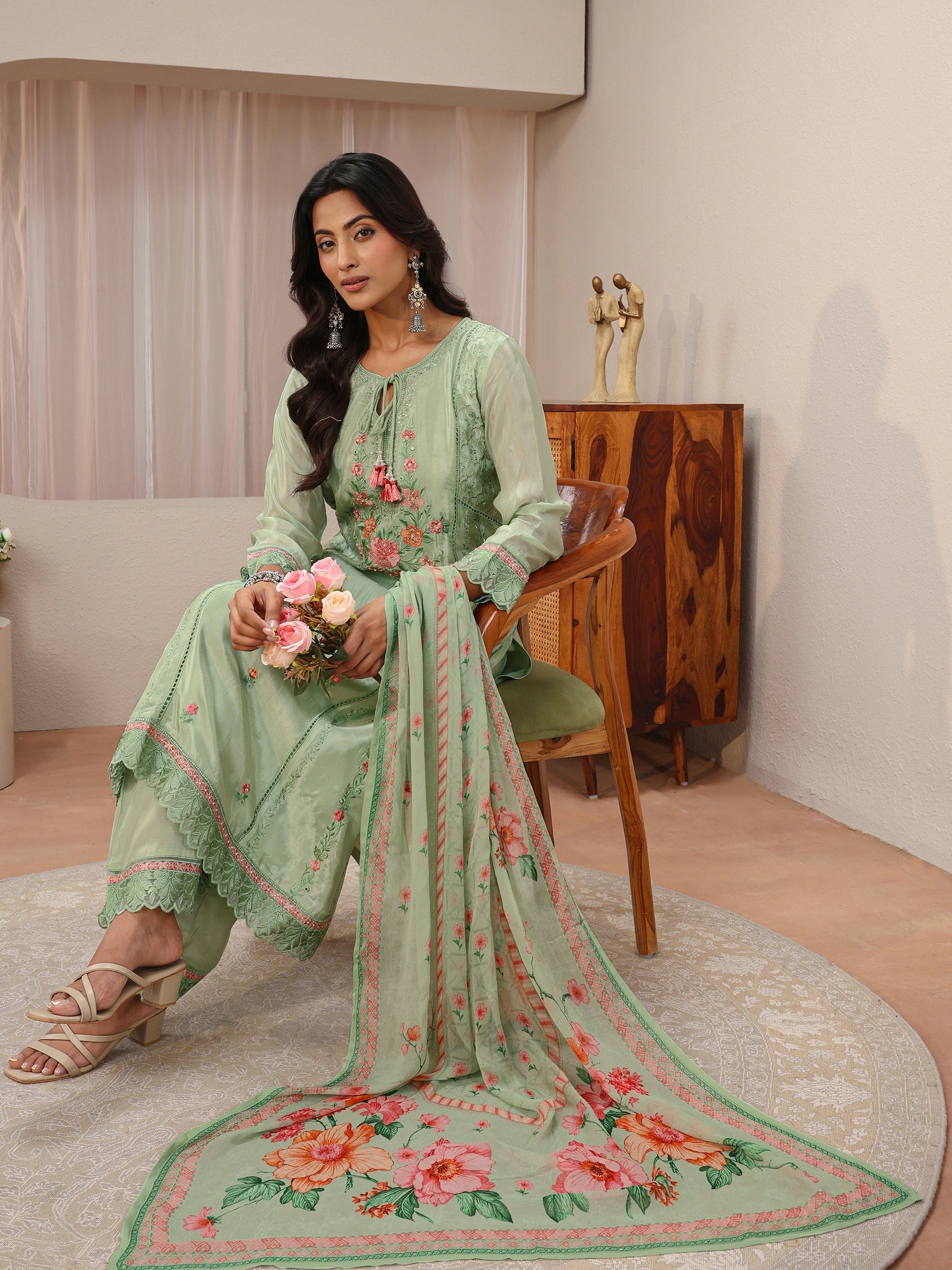 Libas Art Green Floral Embroidered Organza Straight Suit Set-picture-50