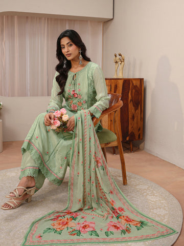 Libas Art Green Floral Embroidered Organza Straight Suit Set