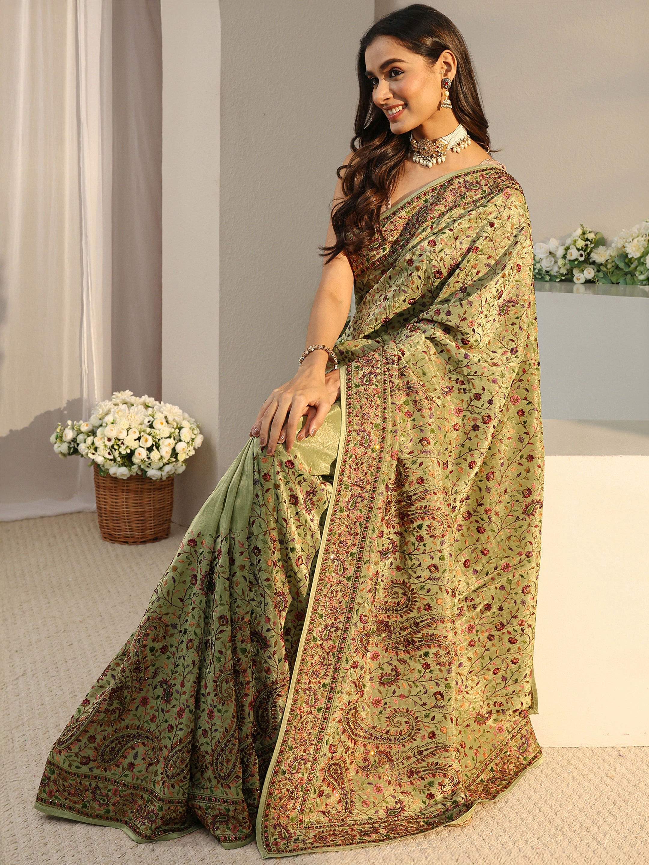 Libas Art Green Floral Embroidered Satin Saree With Unstitched Blouse Piece-picture-12