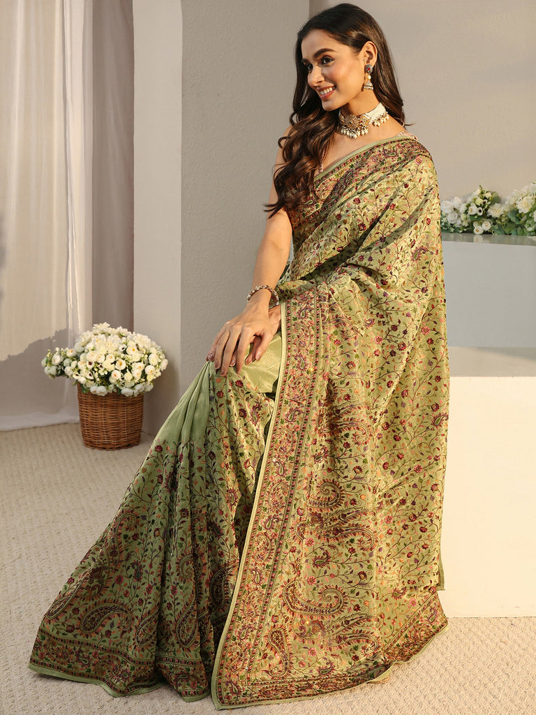 Libas Art Green Floral Embroidered Satin Saree With Unstitched Blouse Piece