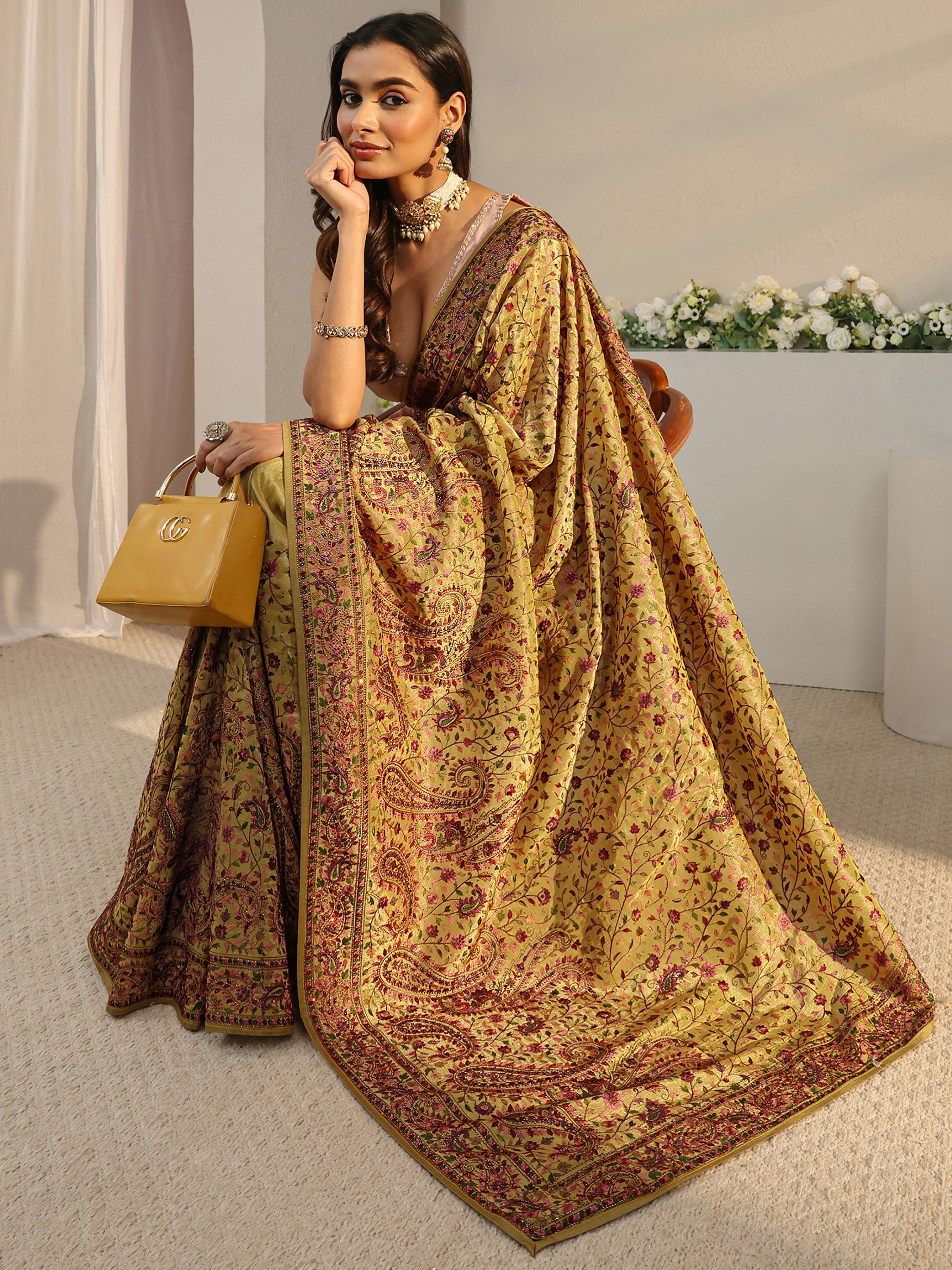 Libas Art Green Floral Embroidered Satin Saree With Unstitched Blouse Piece-picture-54