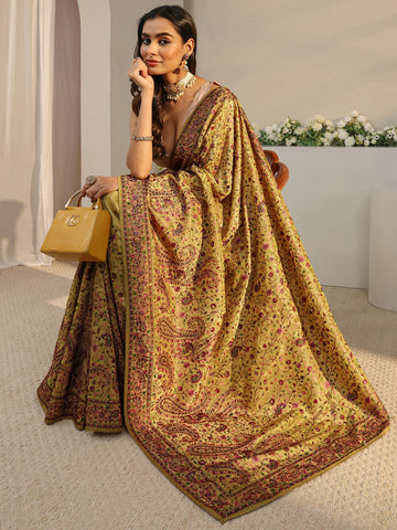 Libas Art Green Floral Embroidered Satin Saree With Unstitched Blouse Piece
