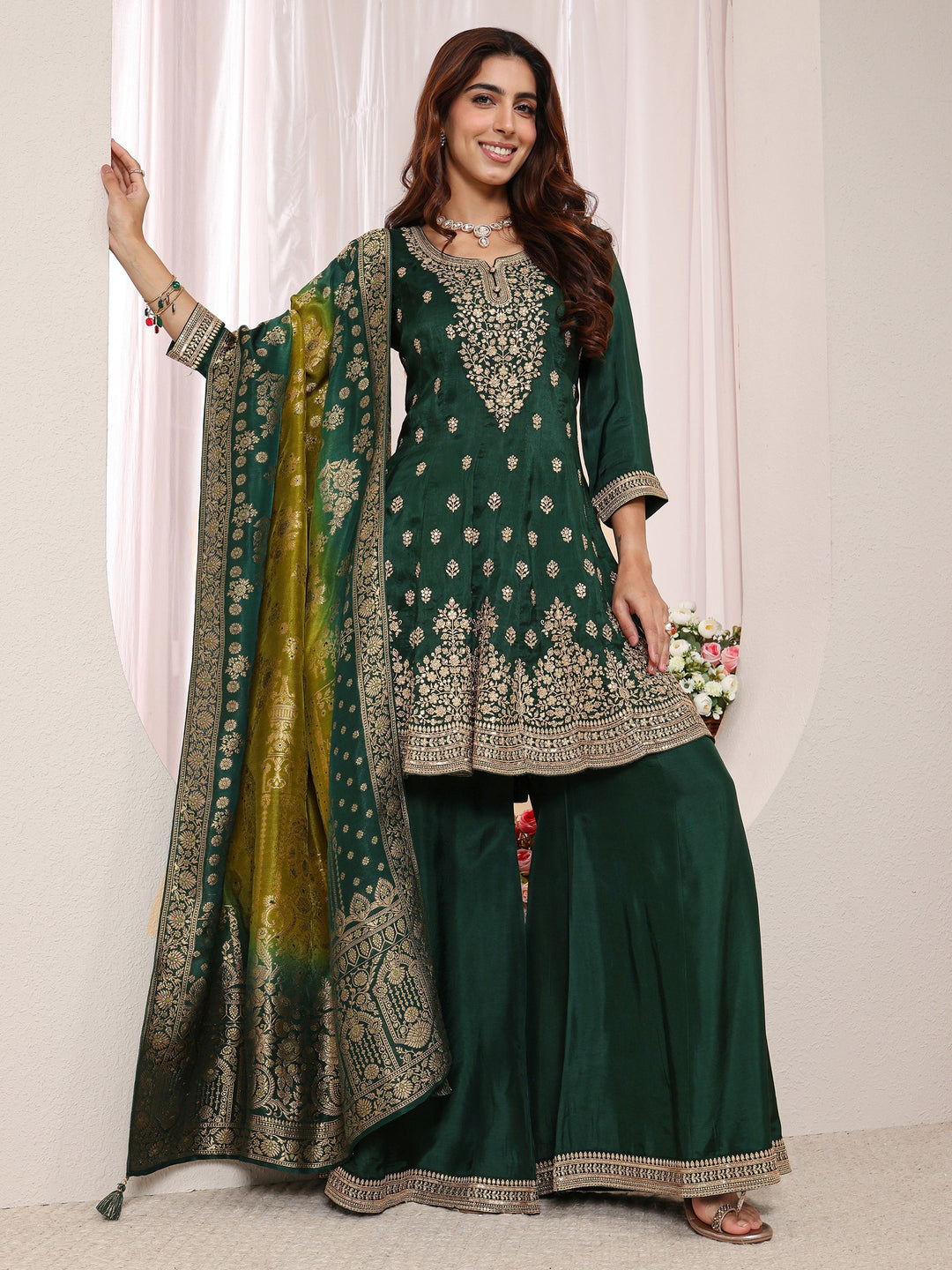  Libas Art Green Floral Embroidered Silk Blend A-Line Suit Set With Dupatta 