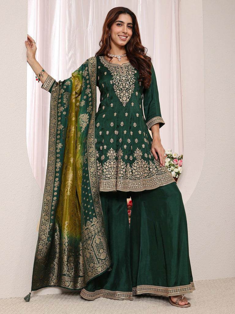 Libas Art Green Floral Embroidered Silk Blend A-Line Suit Set With Dupatta