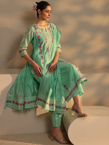 Libas Art Green Floral Embroidered Silk Blend Straight Suit Set With Dupatta