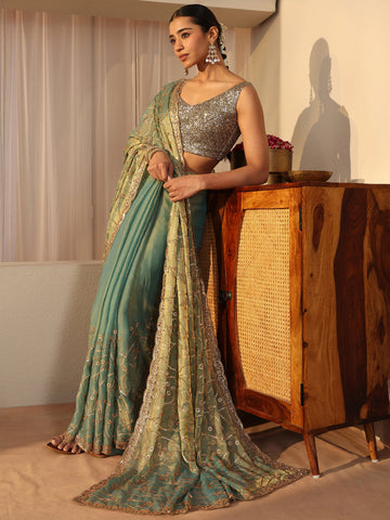 Libas Art Green Floral Embroidered Tissue Saree