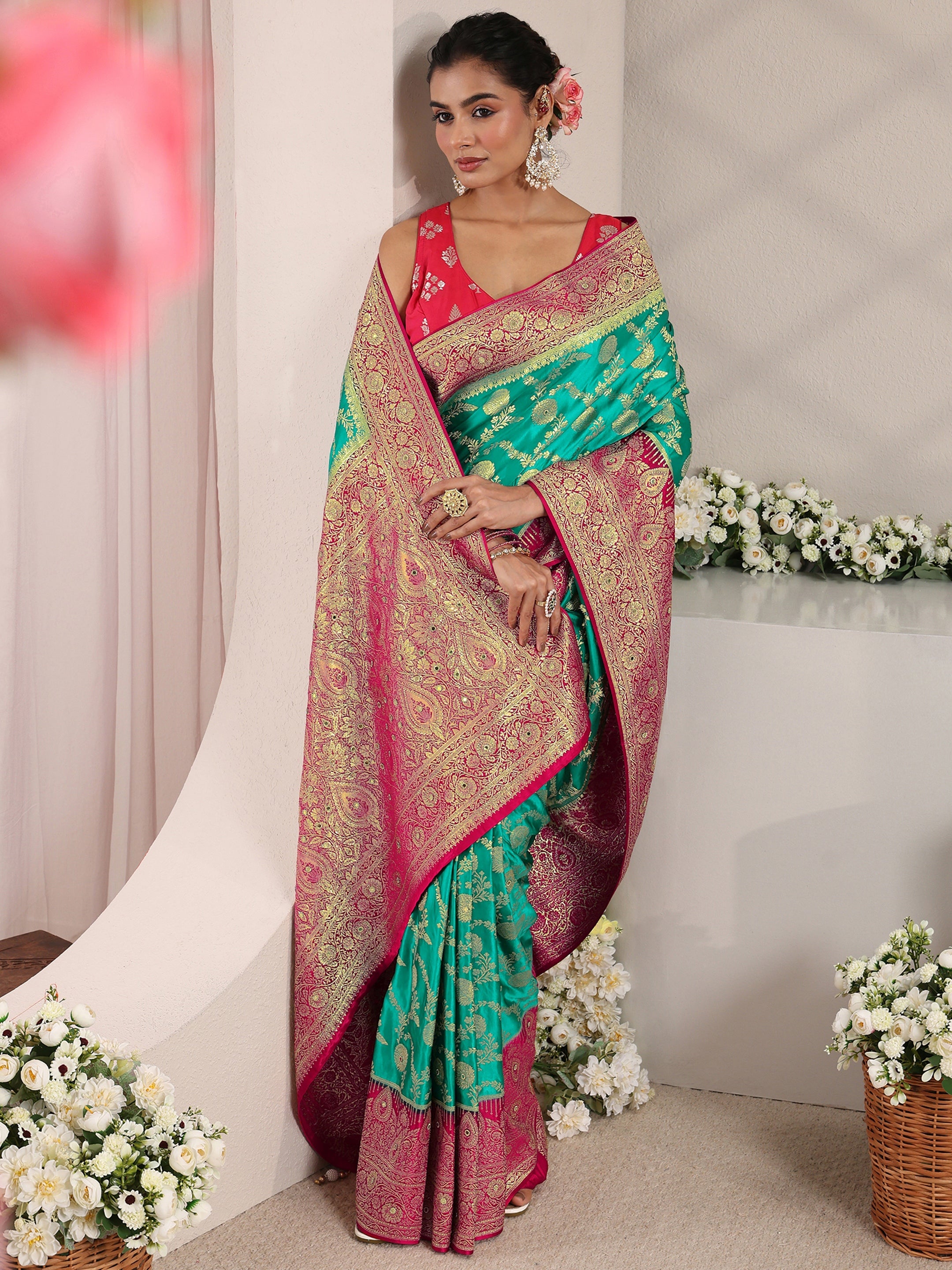 Libas Art Green Floral Woven Design Satin Saree With Unstitched Blouse Piece-picture-26