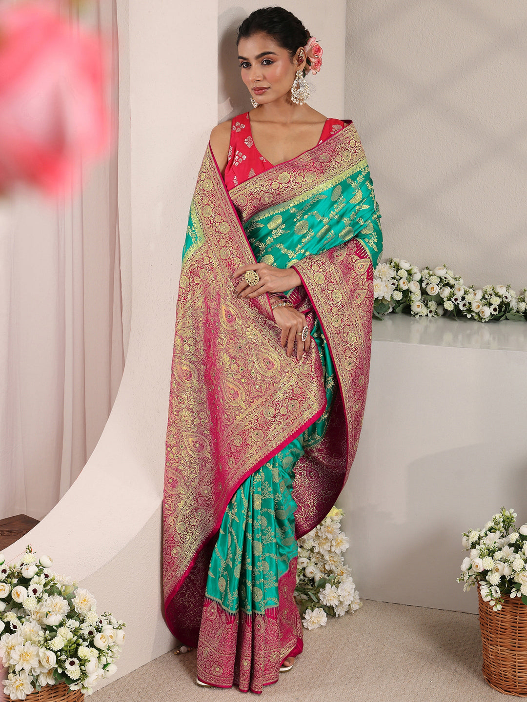Libas Art Green Floral Woven Design Satin Saree With Unstitched Blouse Piece