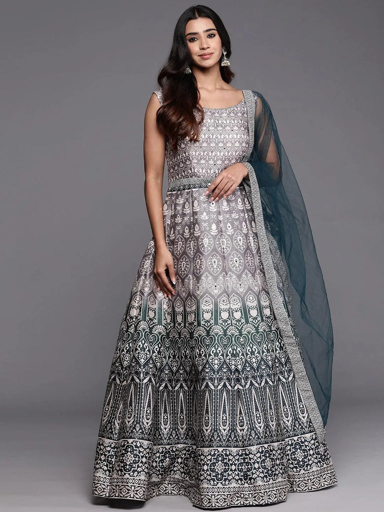 Libas Green Printed Silk Gown Dress With Dupatta