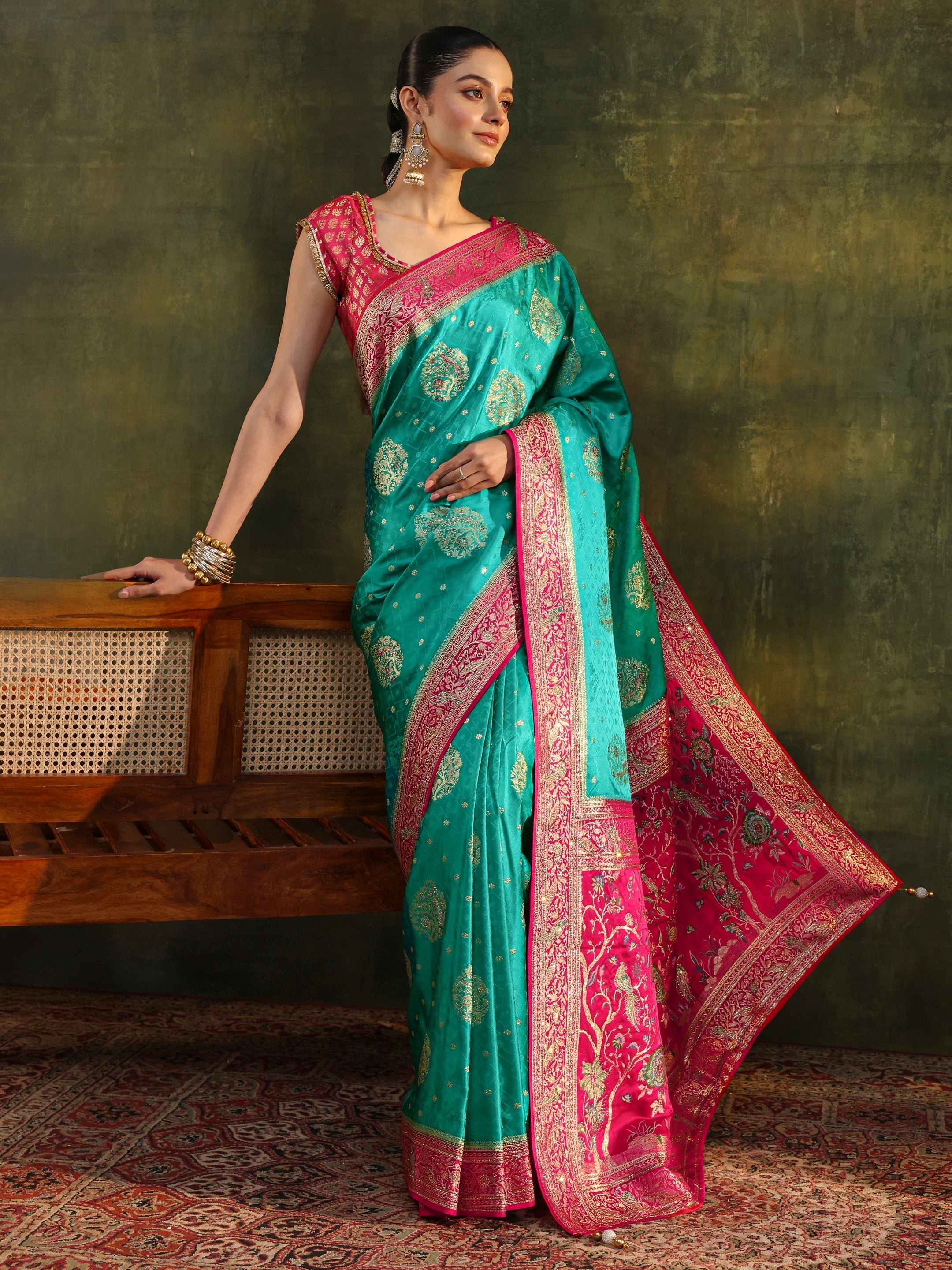Libas Art Green Woven Design Satin Banarasi Saree With Unstitched Blouse Piece-picture-29