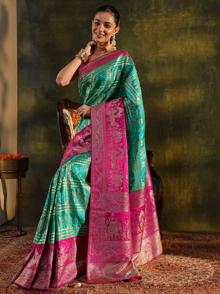 Libas Art Green Woven Design Satin Banarasi Saree With Unstitched Blouse Piece