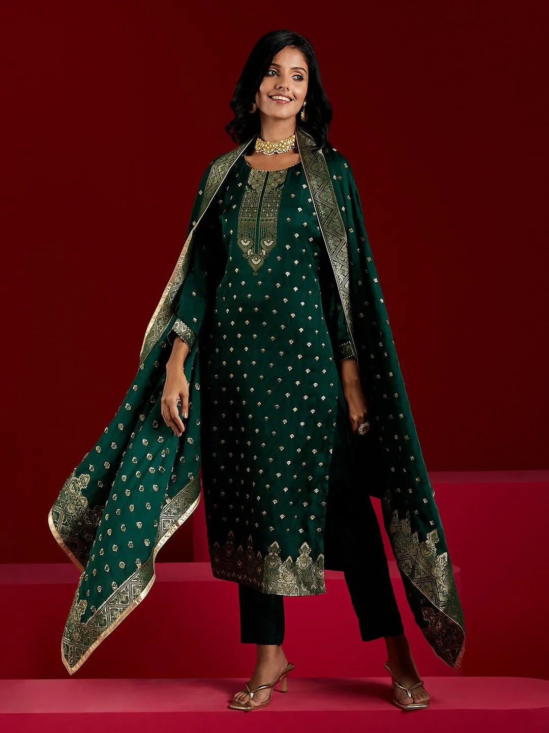 Libas Art Green Woven Design Silk Straight Kurta With Trousers & Dupatta - Libas 