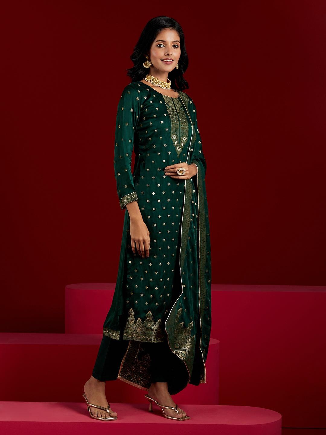 Libas Art Green Woven Design Silk Straight Kurta With Trousers & Dupatta - Libas