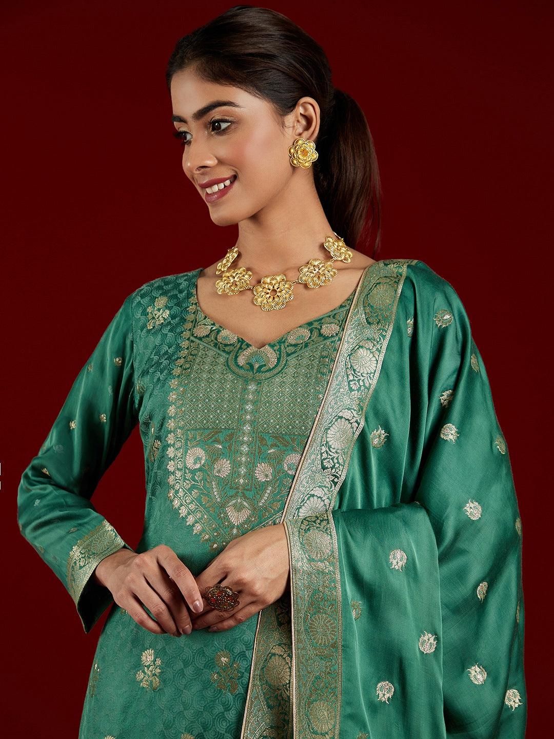 Libas Art Green Woven Design Silk Straight Suit With Dupatta - Libas