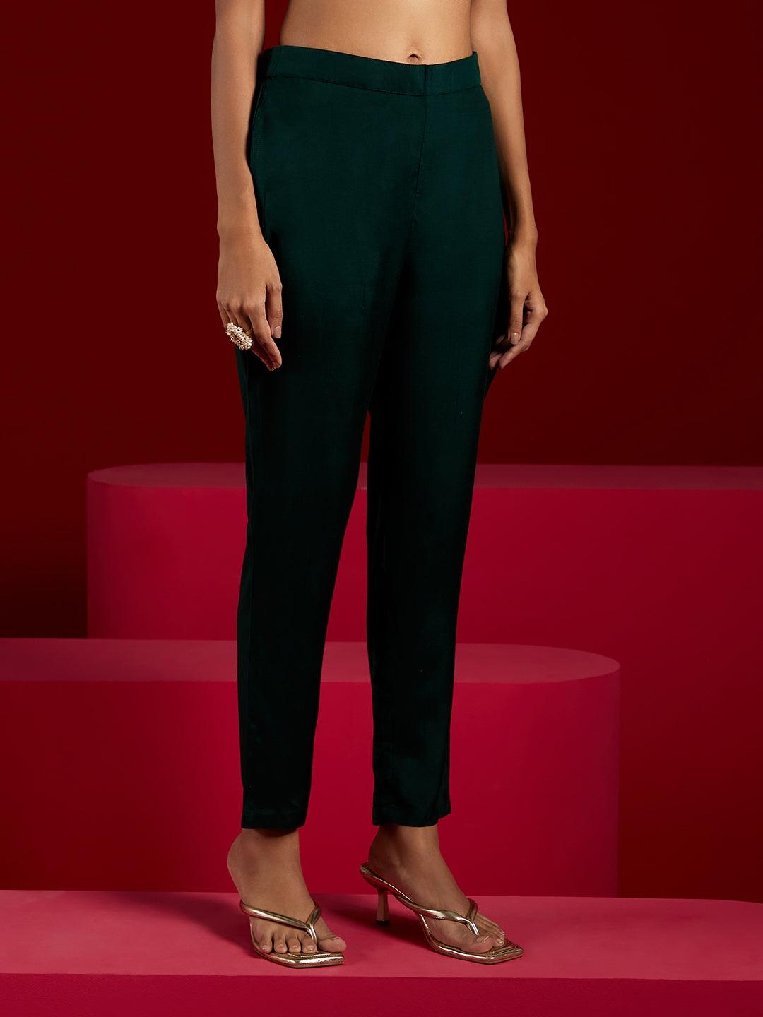 Libas Art Green Woven Design Silk Straight Kurta With Trousers & Dupatta - Libas