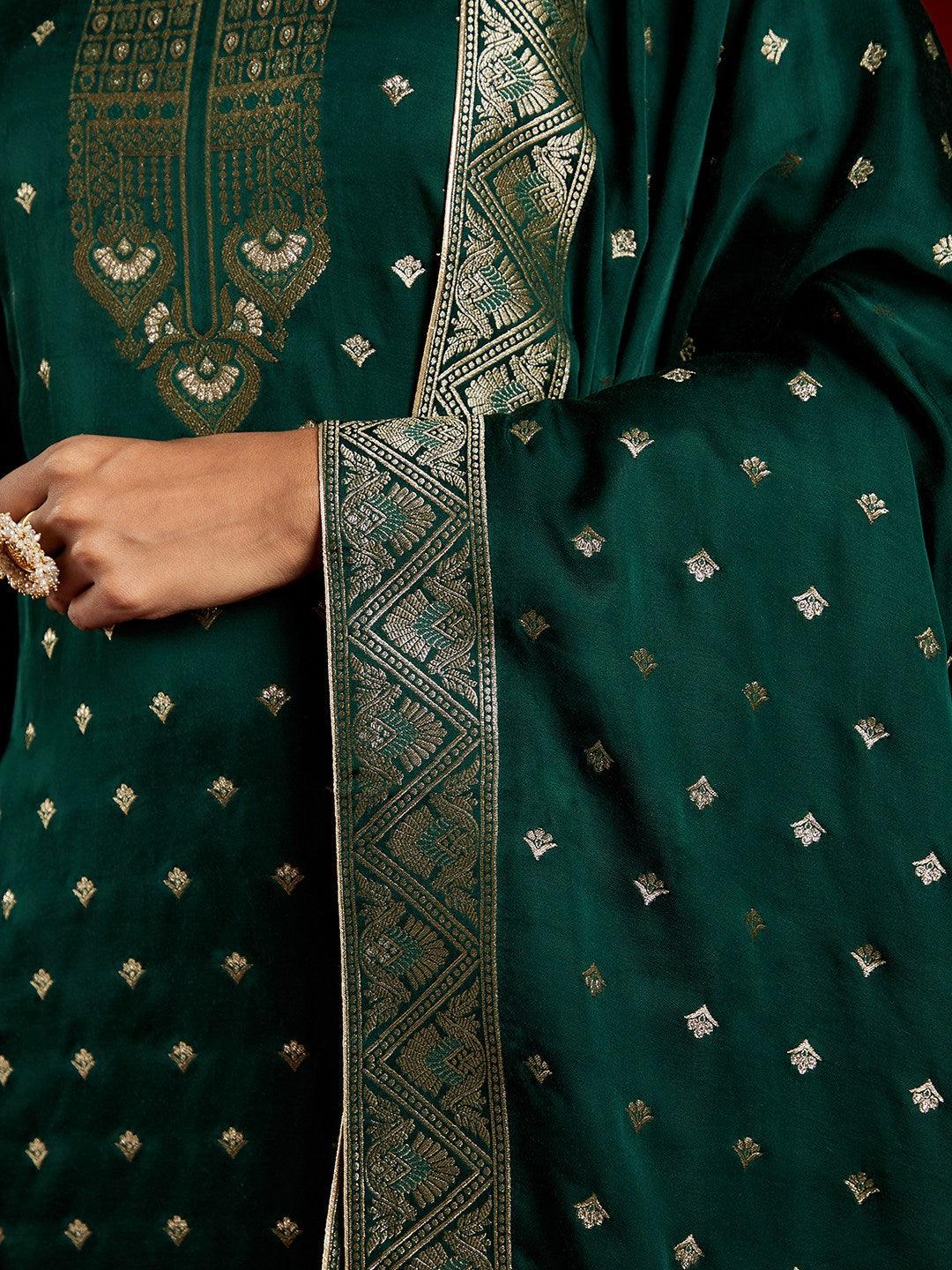 Libas Art Green Woven Design Silk Straight Suit With Dupatta