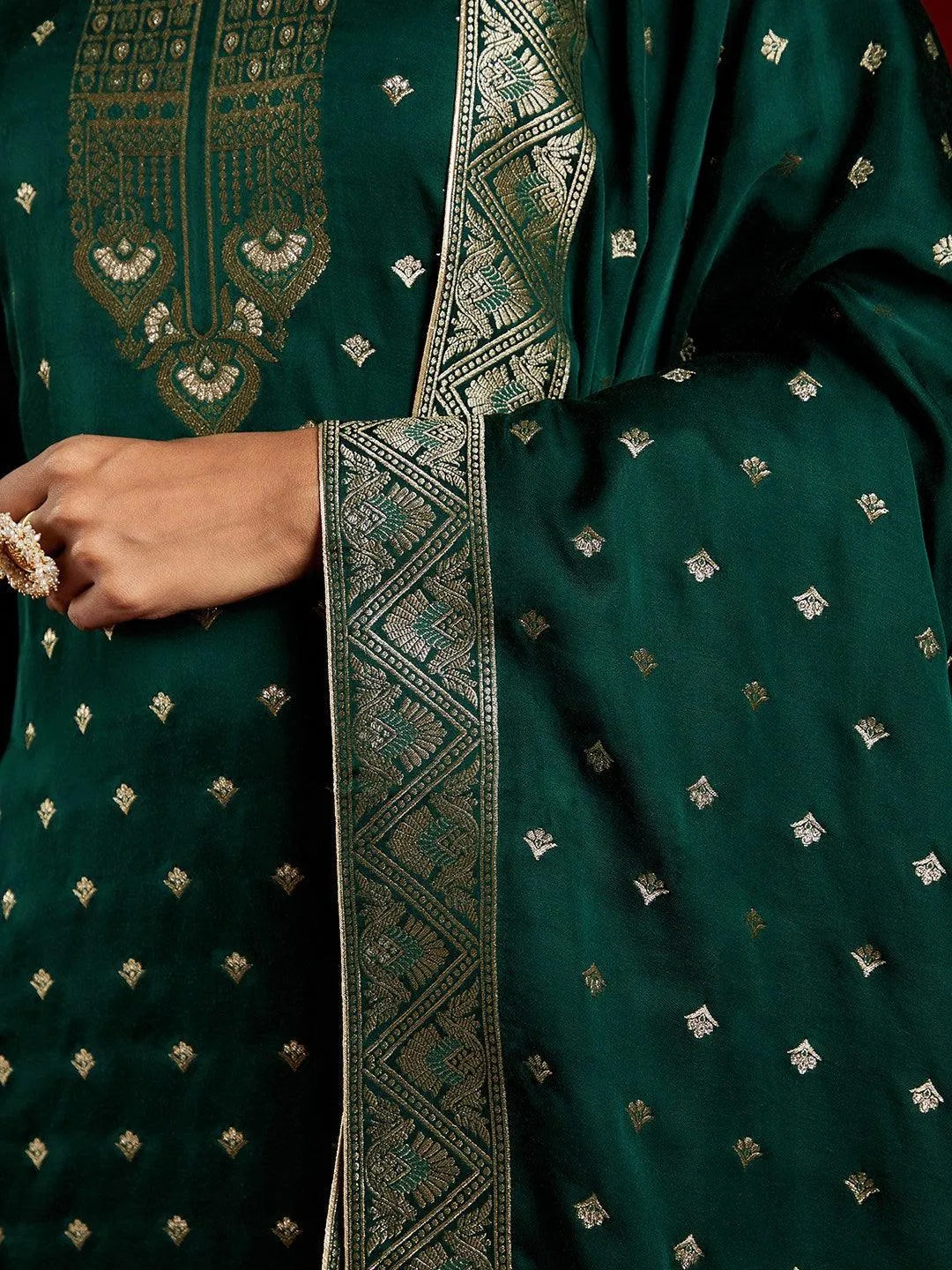 Libas Art Green Woven Design Silk Straight Kurta With Trousers & Dupatta - Libas 