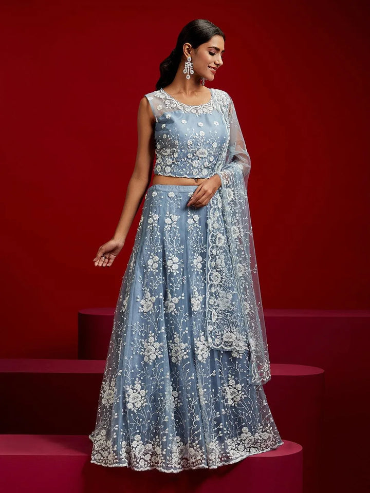 Libas Art Grey Embellished Net Lehenga Set - Libas