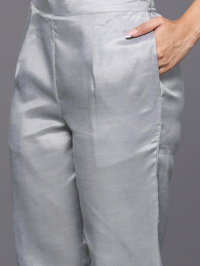 Libas Art Grey Embroidered Georgette Anarkali Kurta With Trousers & Dupatta - Libas