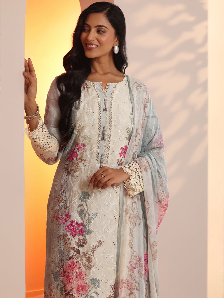 Libas Grey Embroidered Silk Blend Straight Suit Set With Dupatta