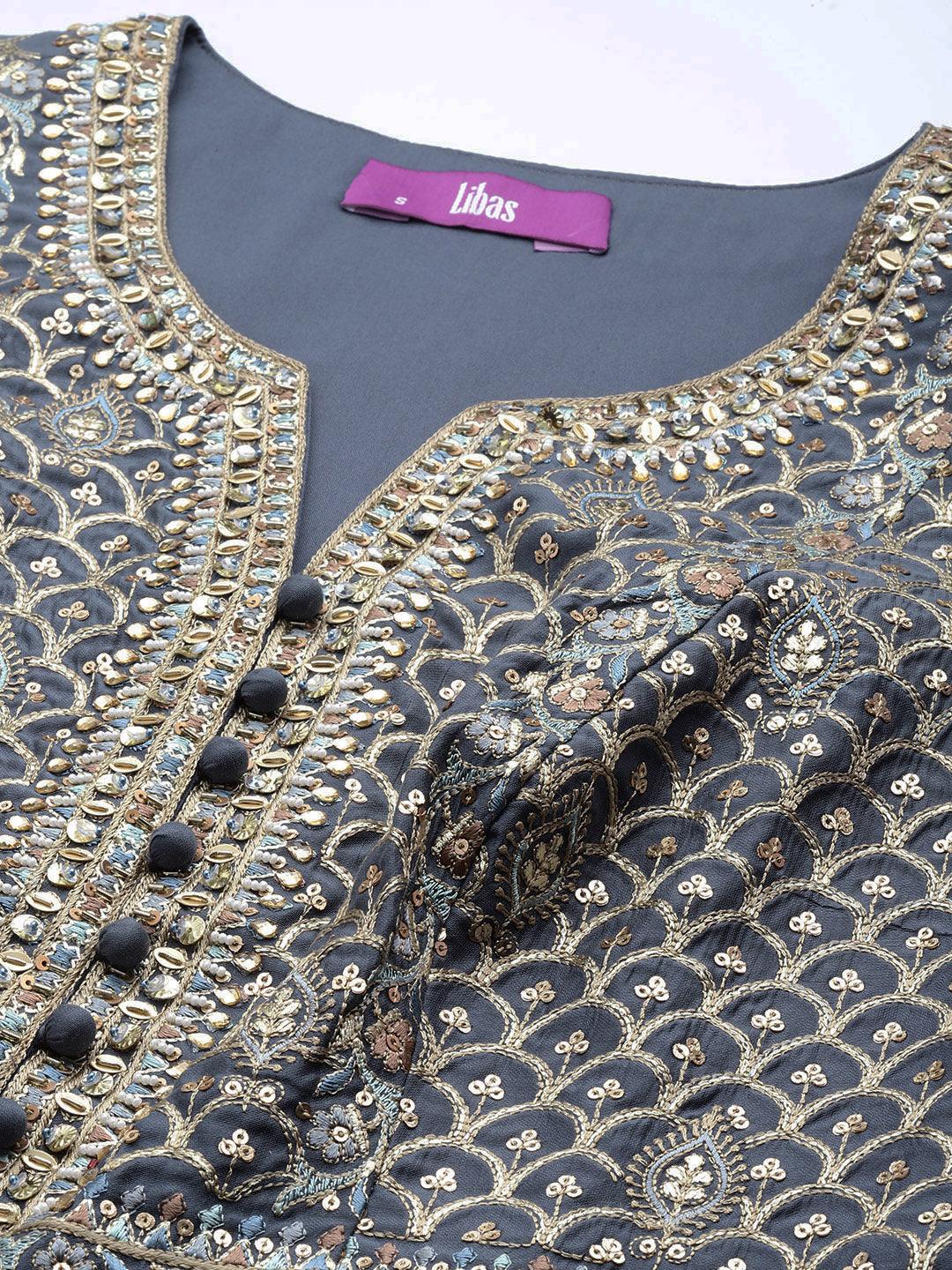 Libas Art Grey Embroidered Silk Anarkali Suit Set - Libas