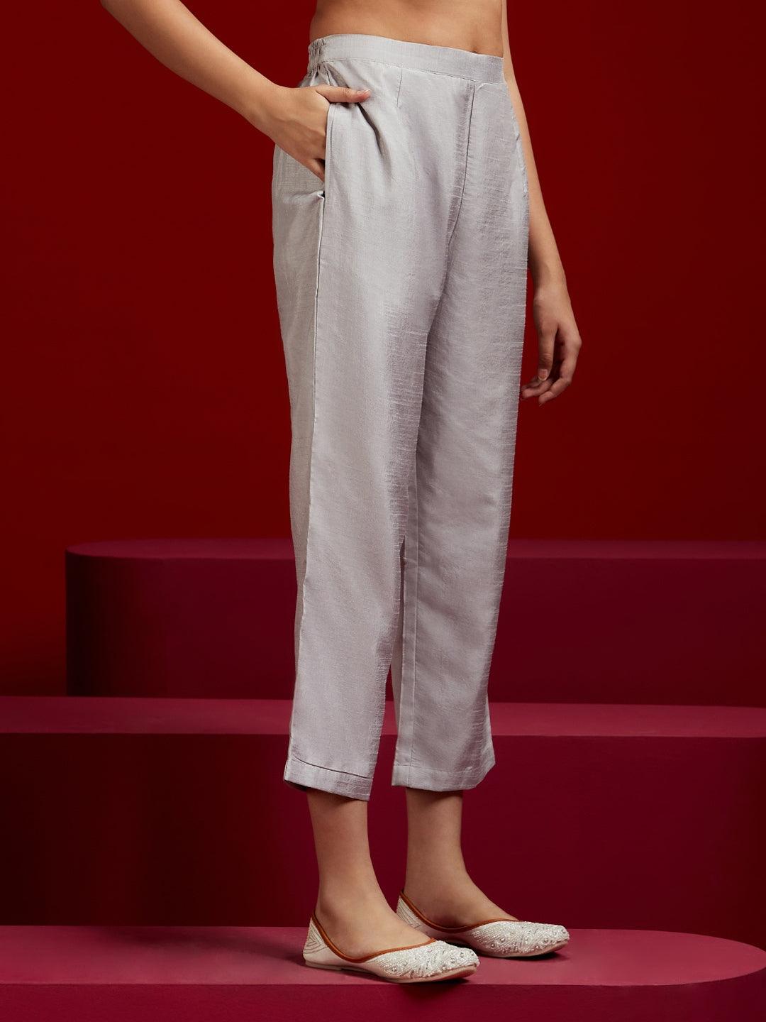 Libas Art Grey Embroidered Silk Blend A-Line Kurta With Trousers & Dupatta
