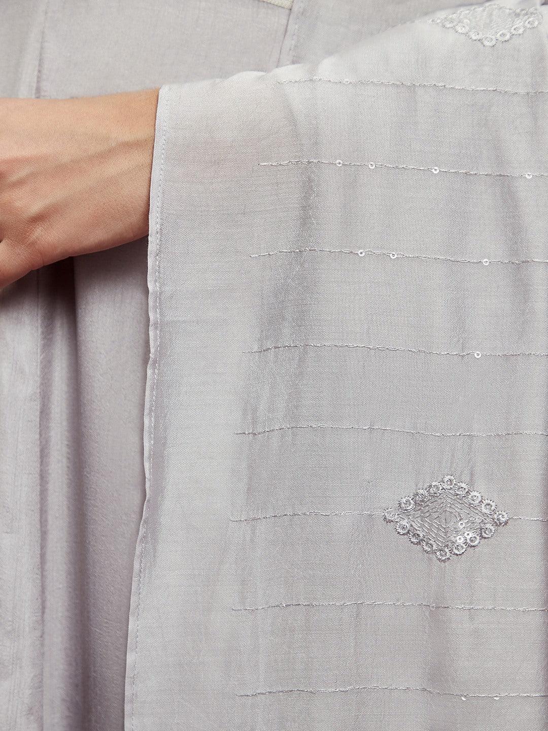 Libas Art Grey Embroidered Silk Blend A-Line Kurta With Trousers & Dupatta - Libas