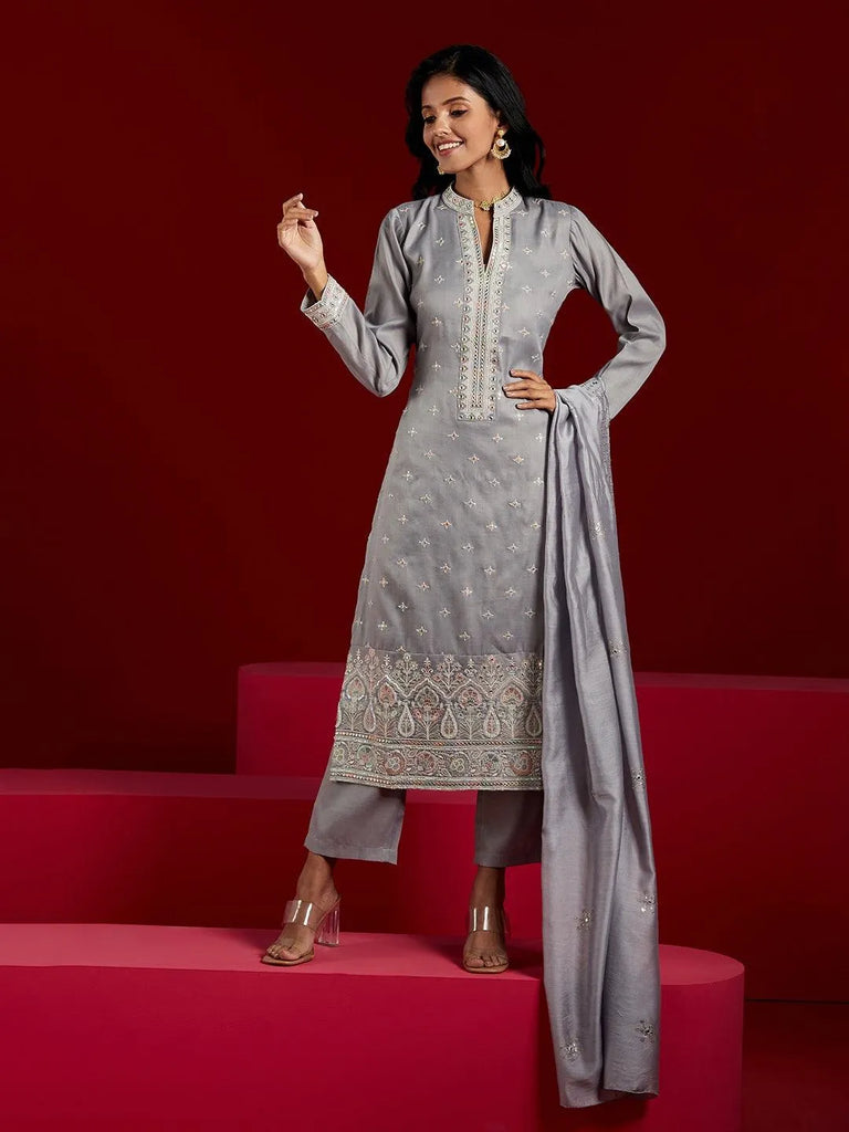 Libas Grey Embroidered Silk Blend Straight Suit With Dupatta