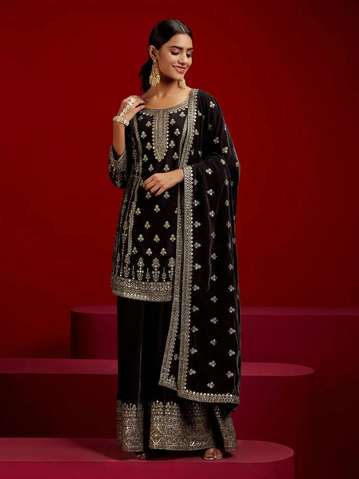 Libas Art Grey Embroidered Velvet Straight Kurta With Palazzos & Dupatta - Libas