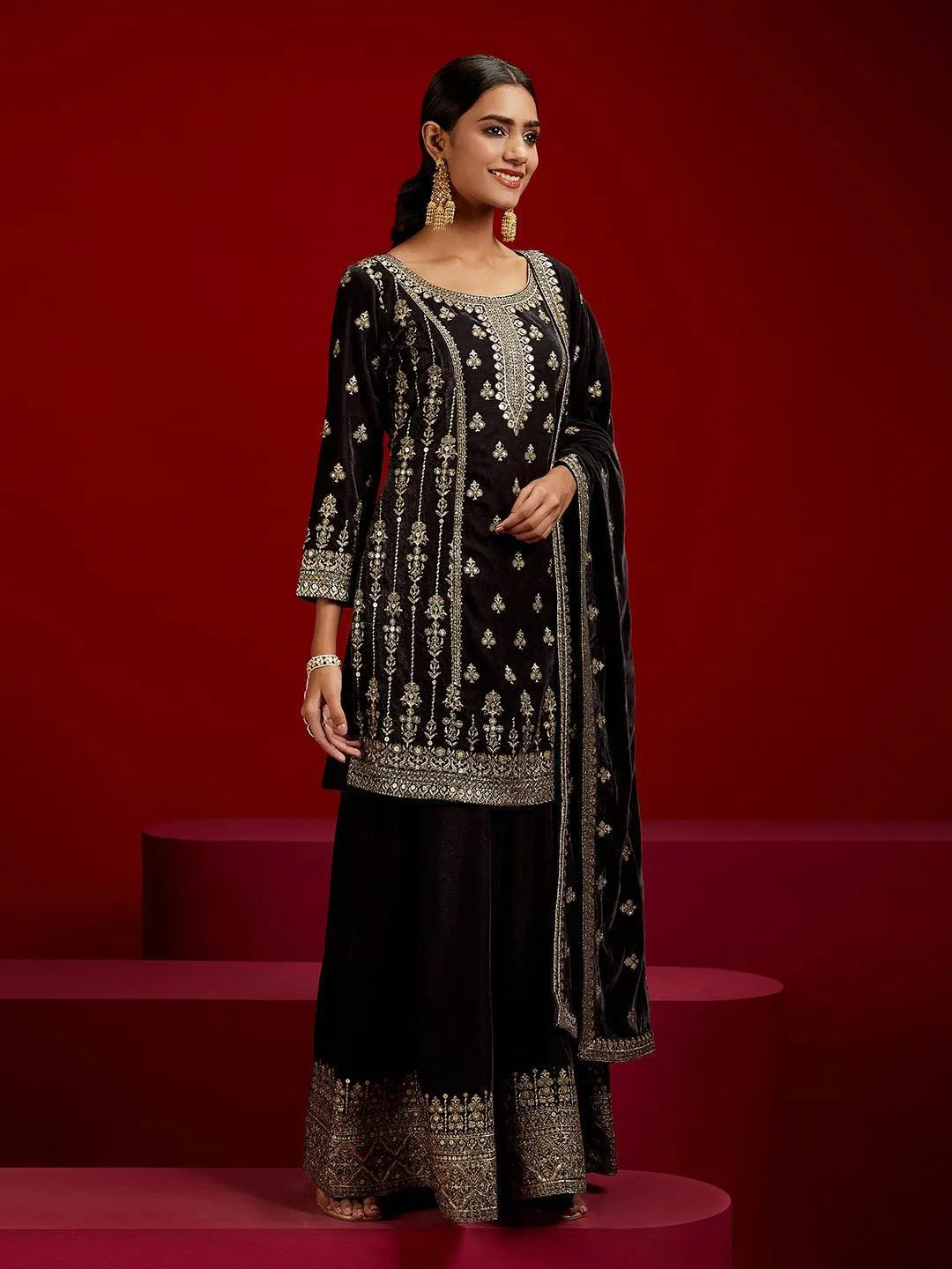 Libas Art Grey Embroidered Velvet Straight Kurta With Palazzos & Dupatta - Libas 