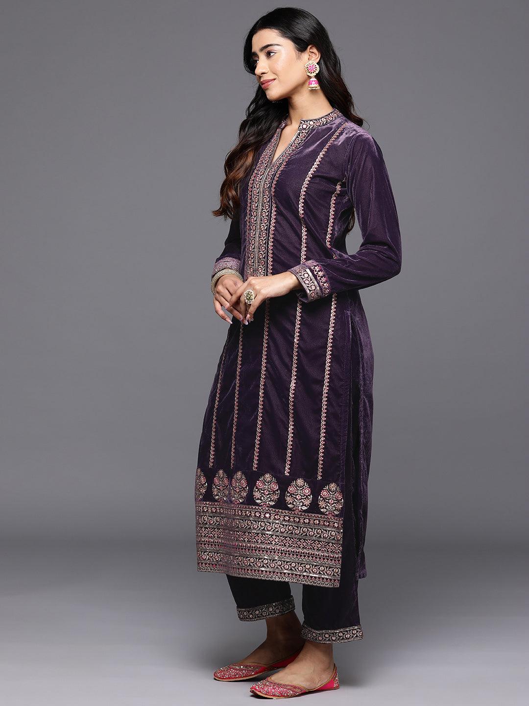 Libas Art Grey Embroidered Velvet Straight Suit With Dupatta