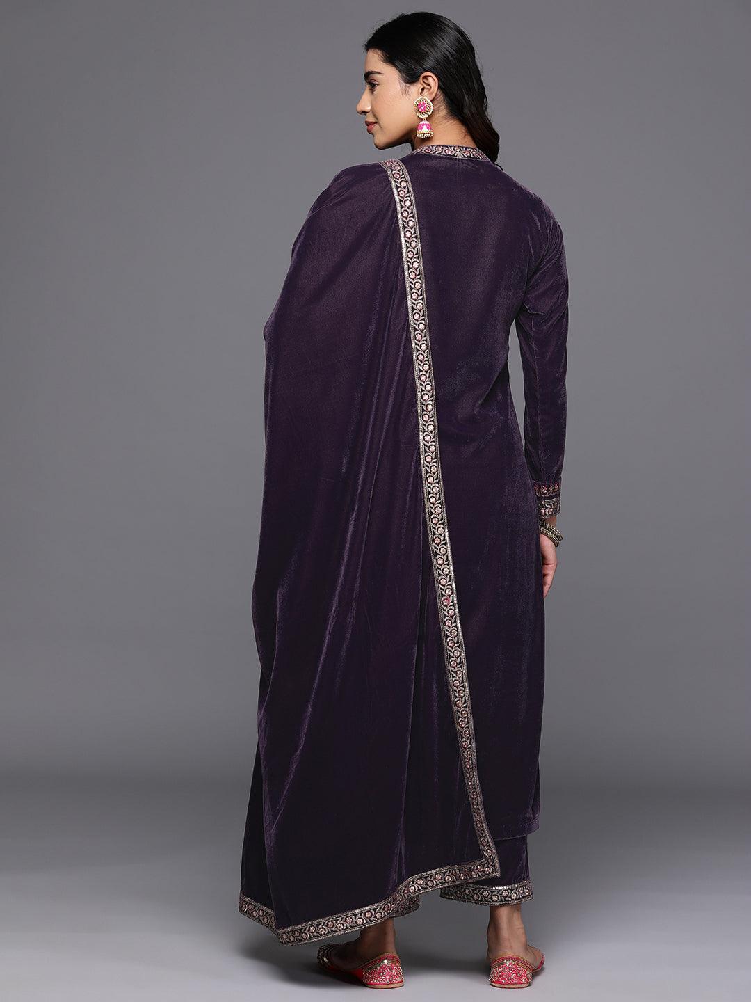 Libas Art Grey Embroidered Velvet Straight Suit With Dupatta