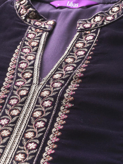 Libas Art Grey Embroidered Velvet Straight Kurta With Trousers & Dupatta - Libas