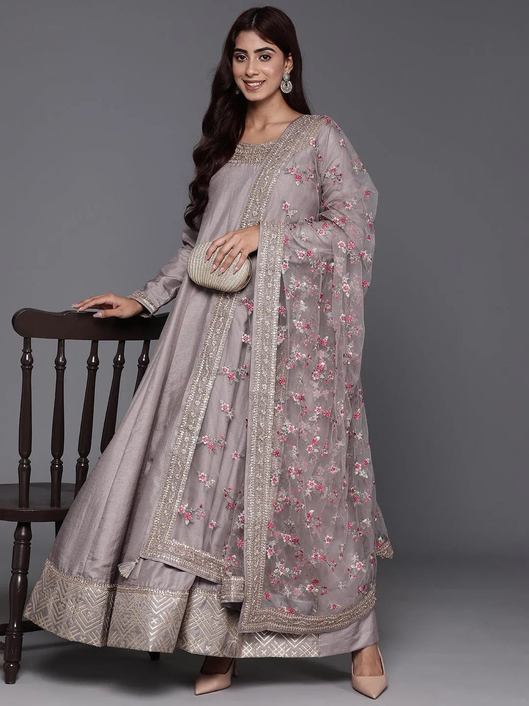 Libas Art Grey Yoke Design Silk Anarkali Kurta With Trousers & Dupatta - Libas