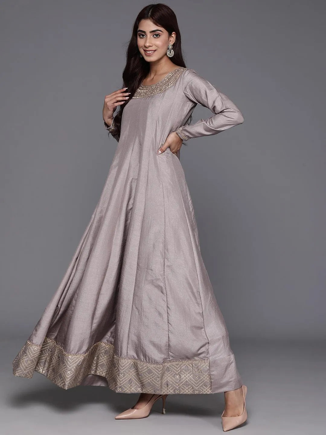 Libas Art Grey Yoke Design Silk Anarkali Kurta With Trousers & Dupatta - Libas