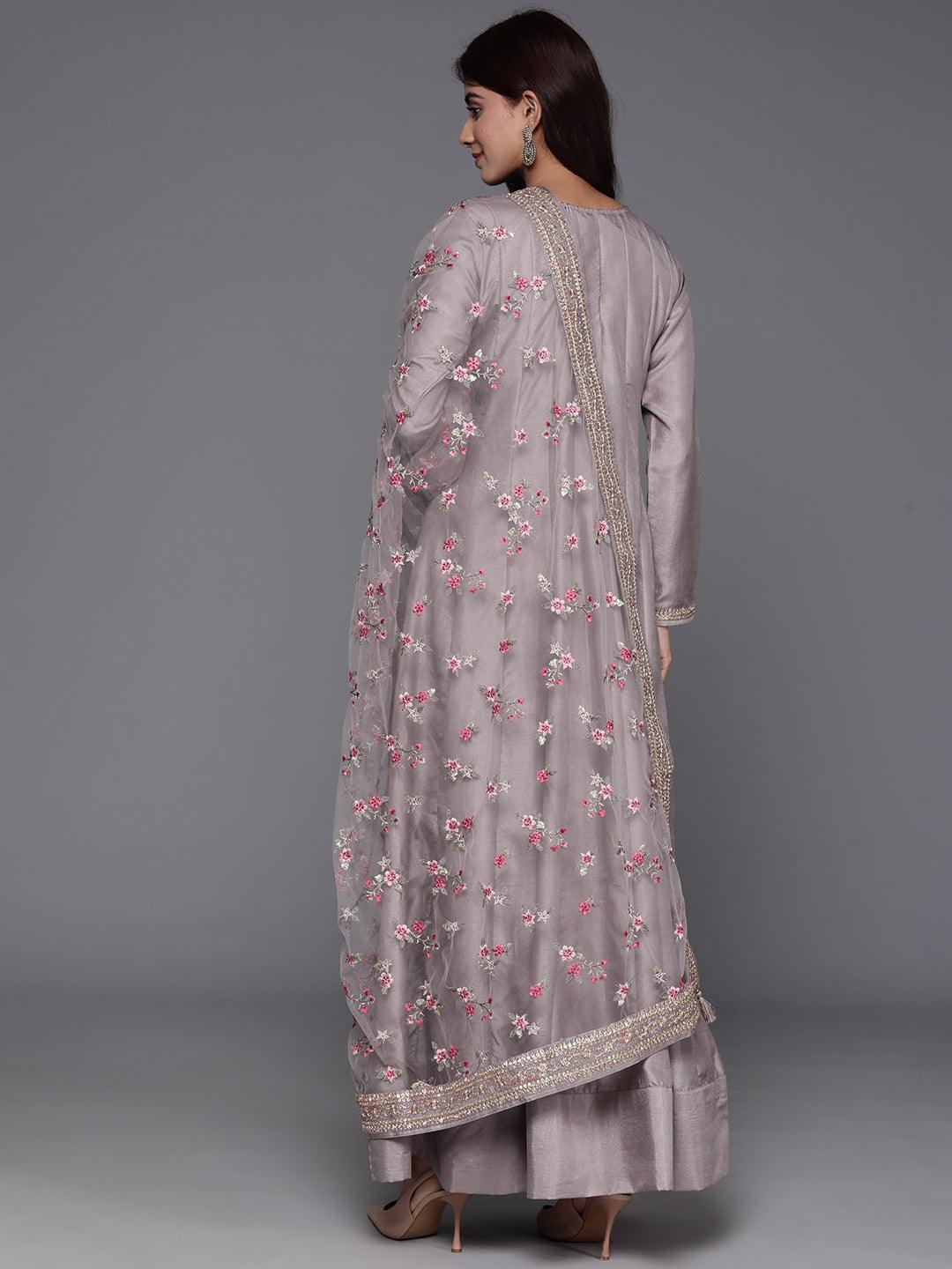 Libas Art Grey Yoke Design Silk Anarkali Suit With Dupatta