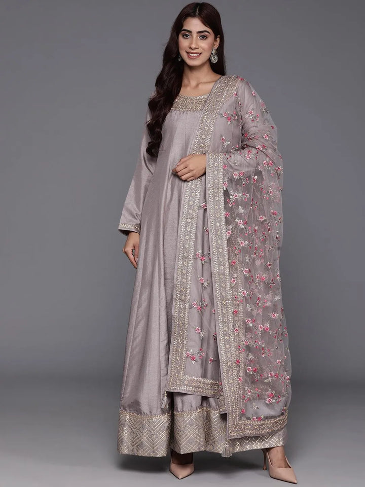 Best Budget-Friendly Indian Wedding Outfits for Women Under ₹5000 5 libas art grey yoke design silk anarkali kurta with trousers and dupatta libas 4
