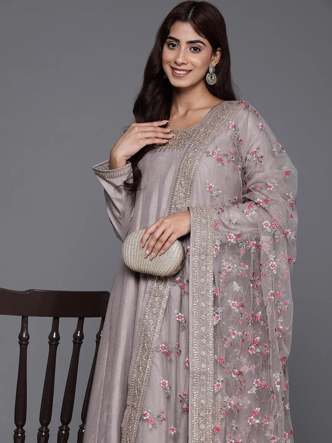 Libas Art Grey Yoke Design Silk Anarkali Kurta With Trousers & Dupatta - Libas 